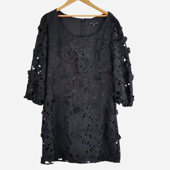 Boston Proper 3D Floral Lace Black Puff Sleeve Dress l Size 16 - Picture 5 of 11